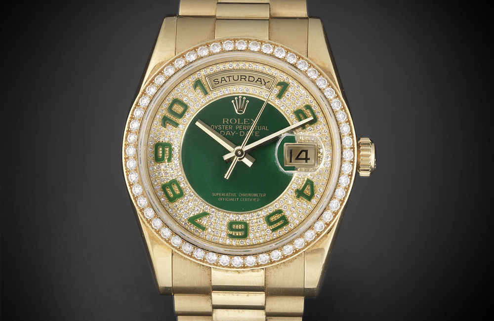 Rolex 18ct gold green enamel and diamond