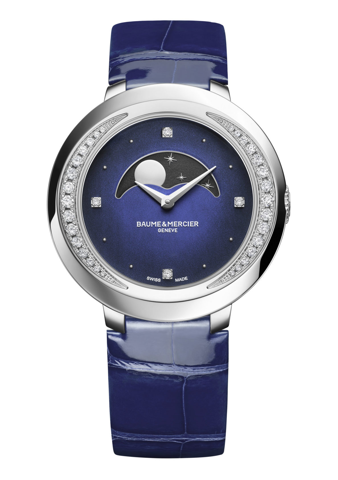 Baume et mercier promesse 10347 front steel blue bracelet 34 mm moon phase
