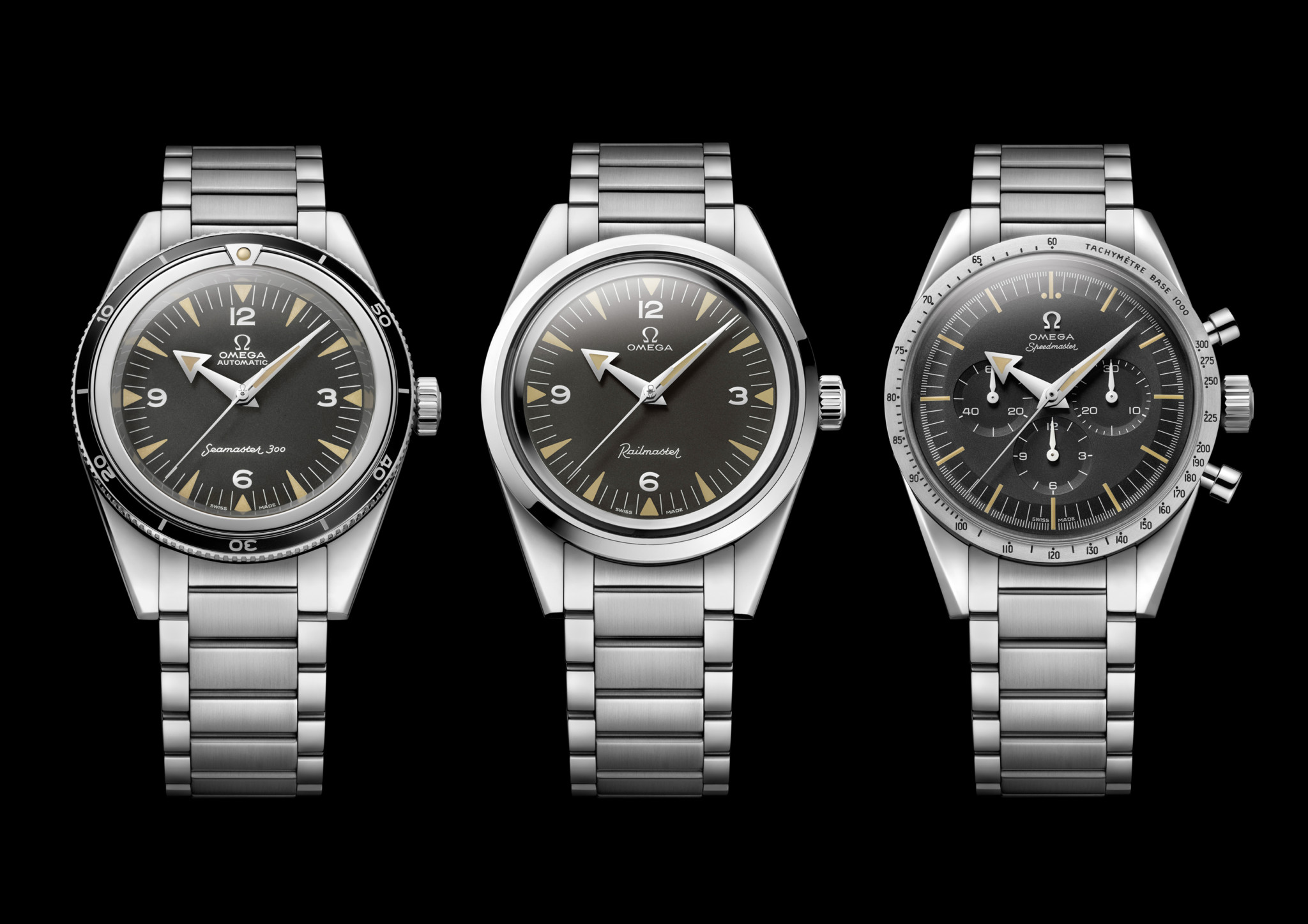 The trilogy of anniversary models from omega is made up of the seamaster, railmaster and speedmaster.