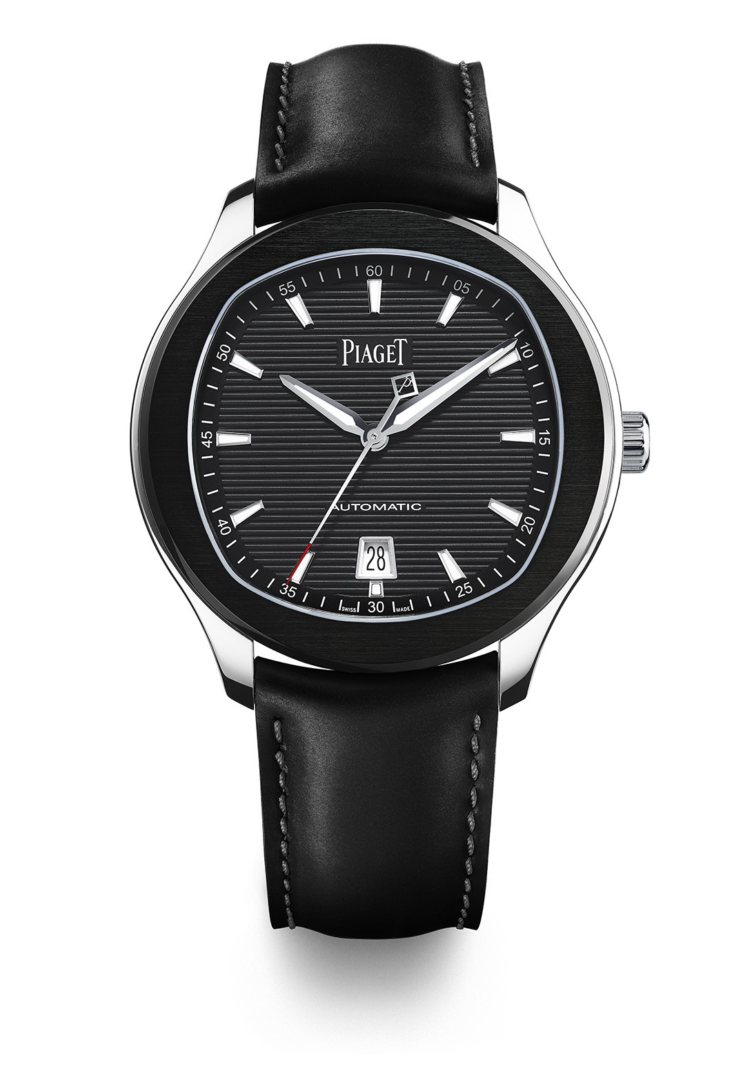 Piaget polo s watch – 42 mm  case in steel, sapphire case-back, black adlc bezel, black colored dial with silvered appliques indexes with superluminova, manufacture piaget 1110p self-winding mechanical movement (hours, minutes, seconds, date at 6 o’clock, slate grey oscillating weight) 9. 4 mm thickness and water resistant up to 100 m black rubber strap set with an ardillon buckle delivered with a second black calfskin strap edition limited to 888 pieces