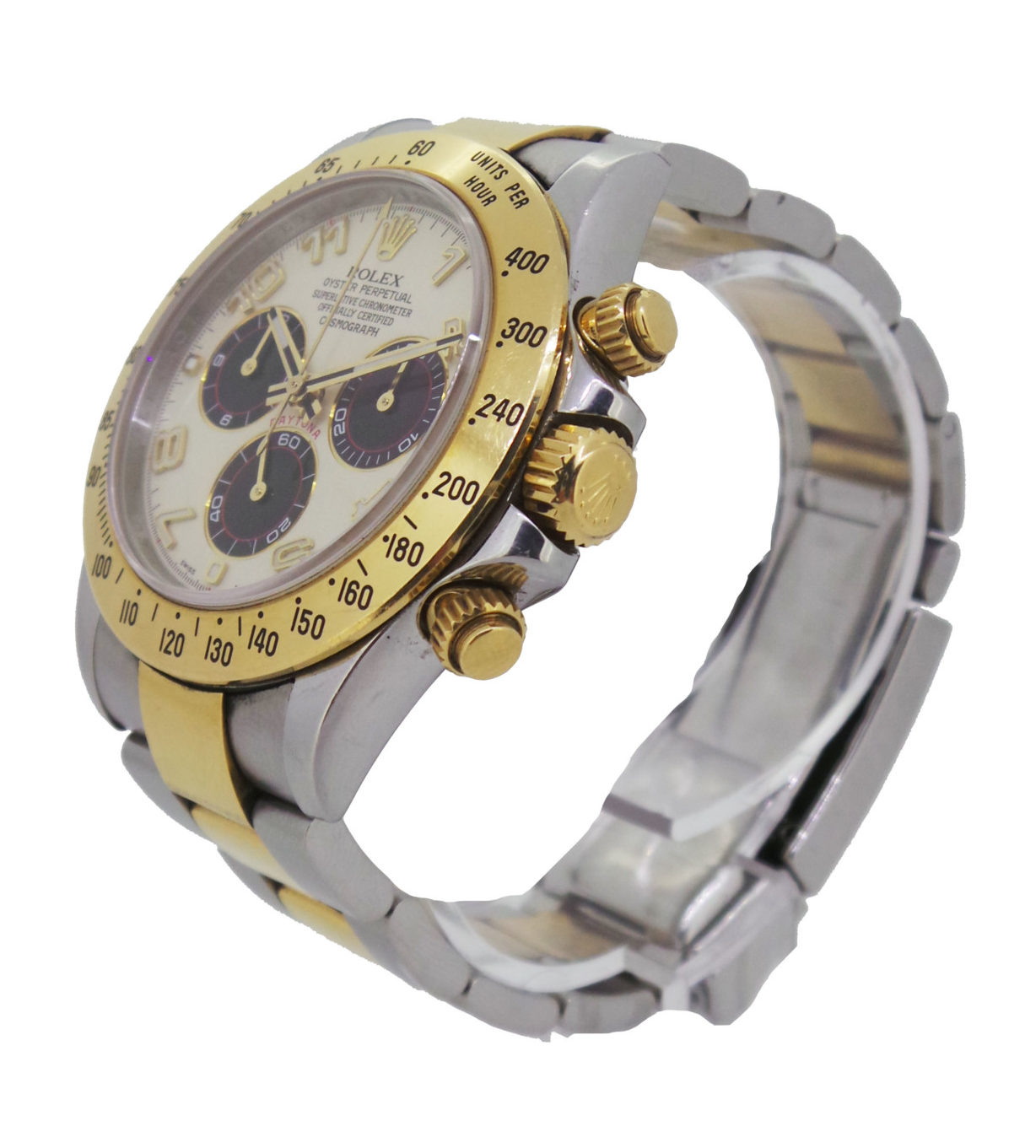 Rolex model: daytona cosmograph model number: 116523 movement type: automatic bracelet: bi-colour case: steel with gold bezel dial: cream with black sub dials bezel size: 40mm box: no papers:no estimated nrp: £11,500. 00.