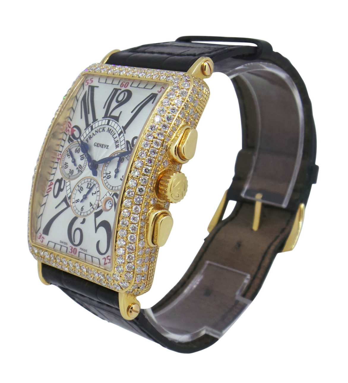 Franck muller model: long island model number: 95 movement type: eta 2094 automatic (chronograph) bracelet: black leather strap case: 18ct yellow gold, all diamond set dial: silver bezel size: 32x45mm box: no papers: no estimated nrp: £11,100.