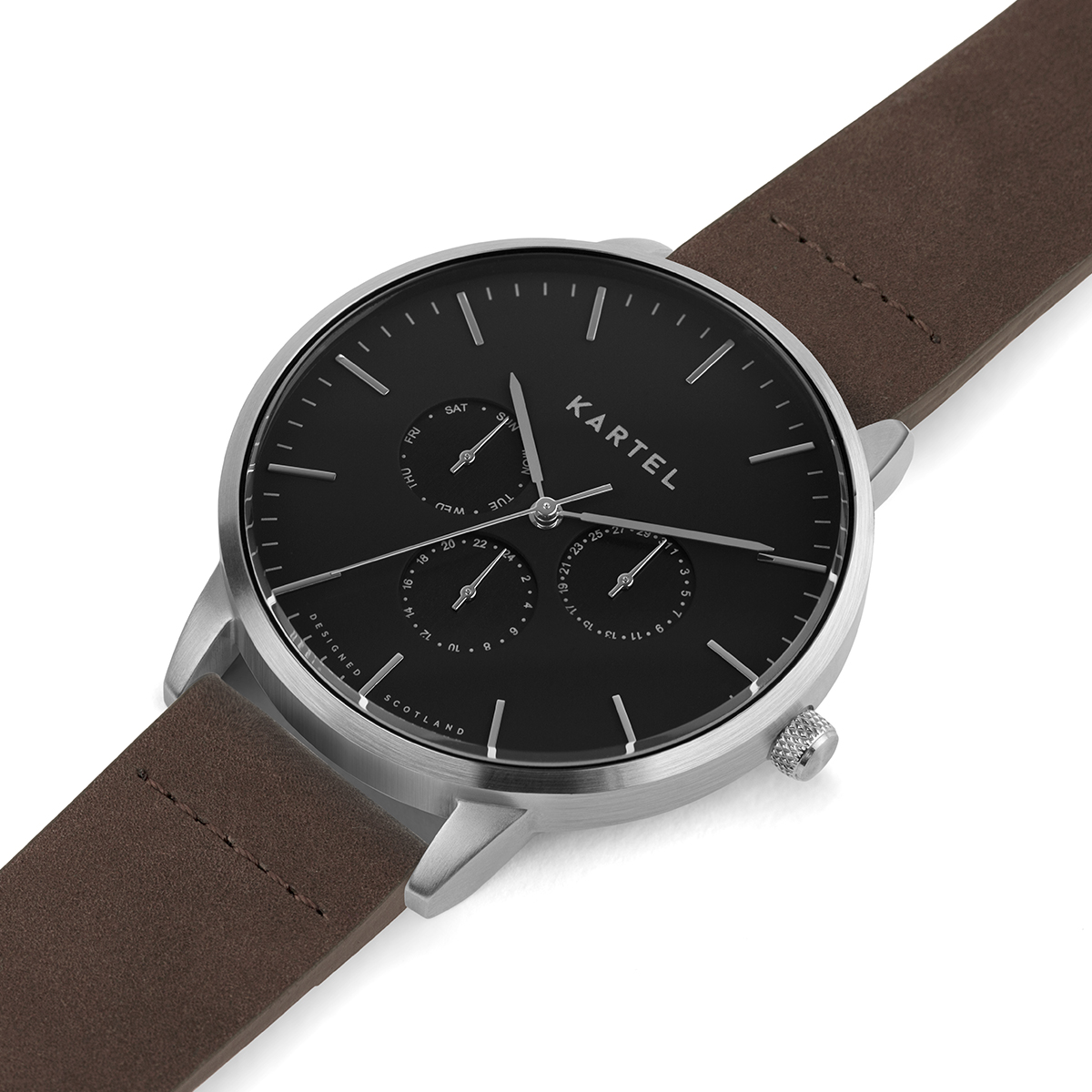 Kartel cuillin's silver on black model with a brown leather strap.