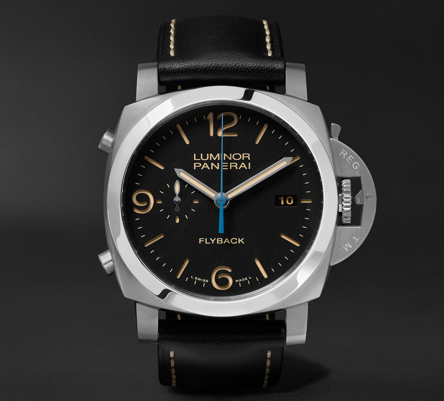 Panerai luminor 1950 3 days 44mm automatic flyback chronograph stainless steel and leather watch e1508518700516