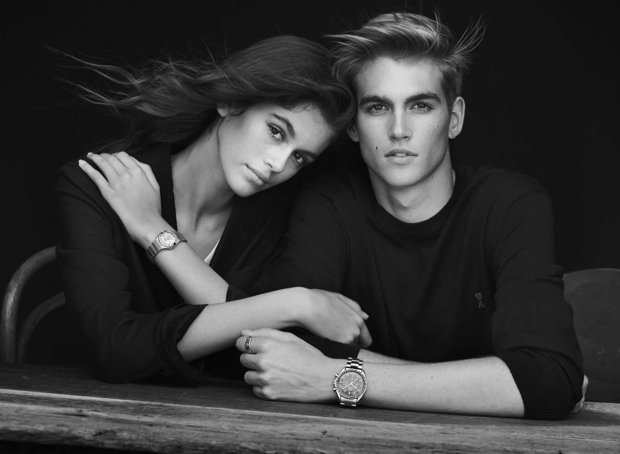 Kaia and presley gerber pose for omega in a portrait by peter lindbergh.