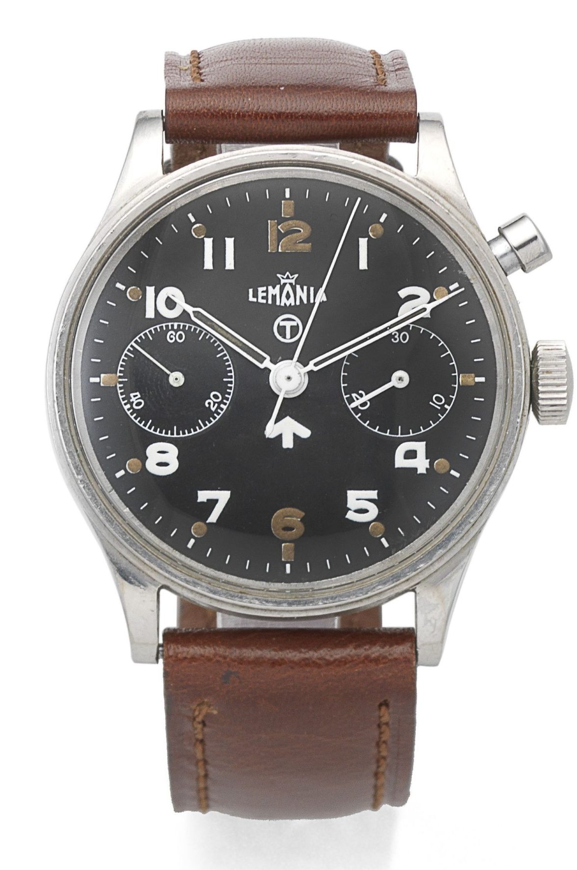 A lemania stainless steel manual wind single button chronograph wristwatch circa 1950 has an estimate of £1,500-2,000.