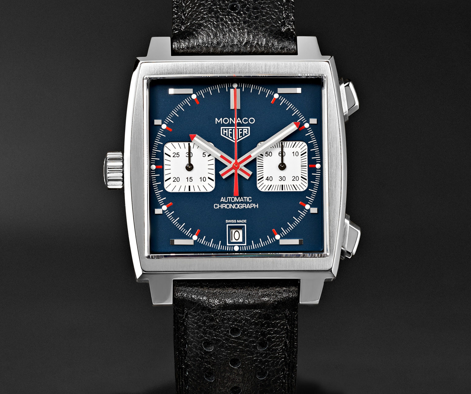 Tag heuer monaco matt blue dial chronograph automatic 39mm black perforated leather strap e1511259887381