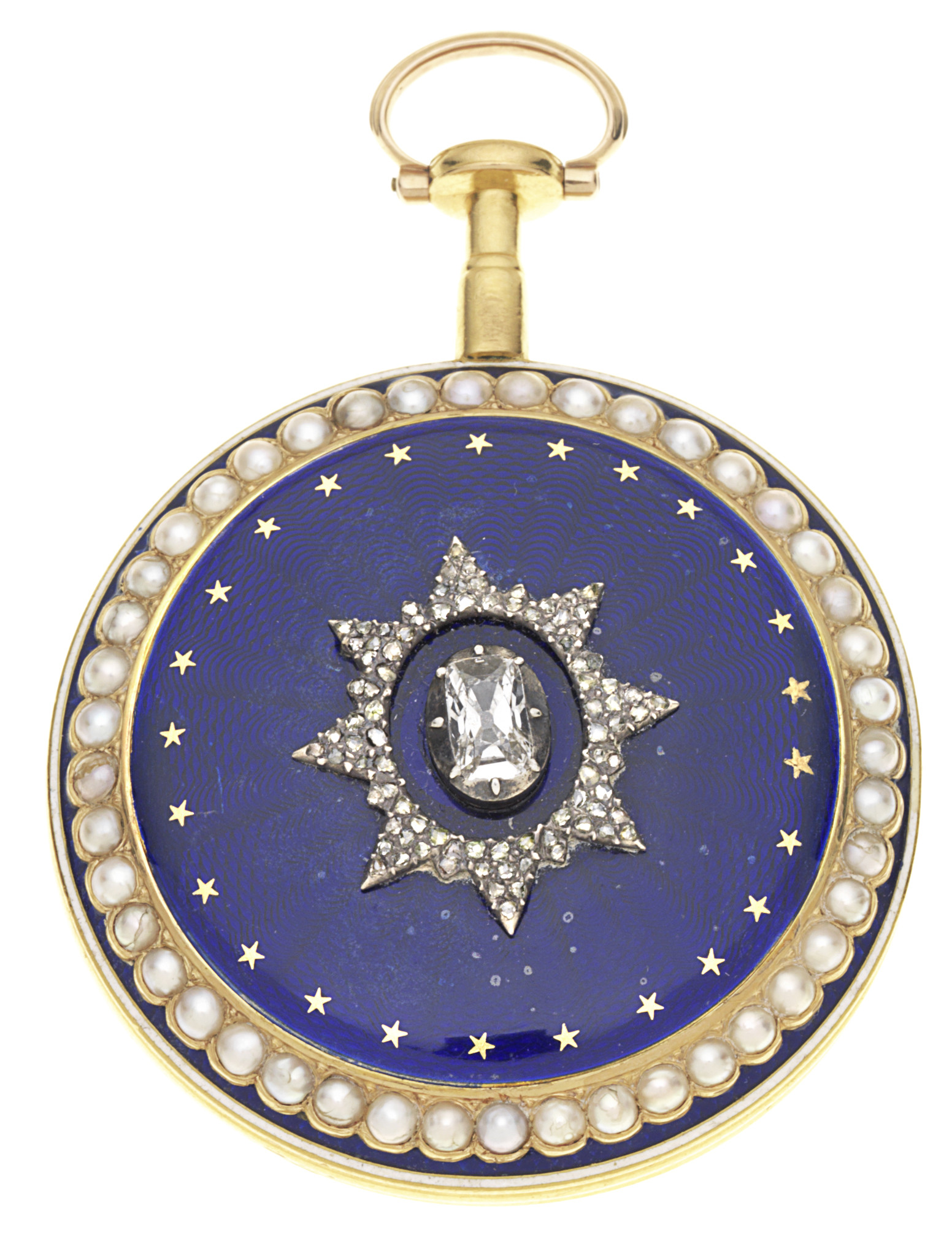 Johnson, grays inn passage gold, enamel and seed pearl set key wind open face pocket watch with £1,500-2,000 estimate.