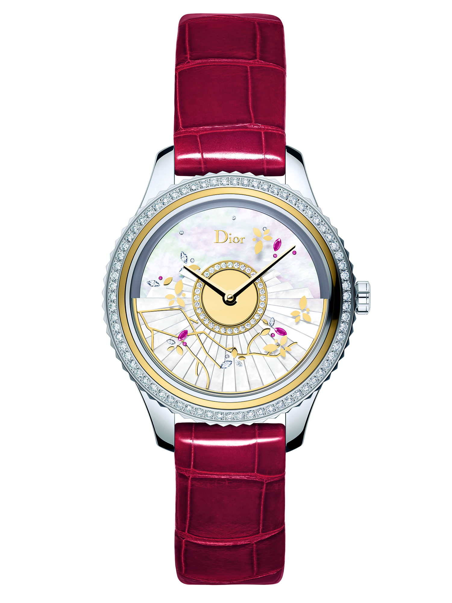 Dior grand bal fête du printemps watch in steel, yellow gold, diamonds, rubies and mother-of-pearl with a shiny red alligator strap, £23,600, by dior watches.