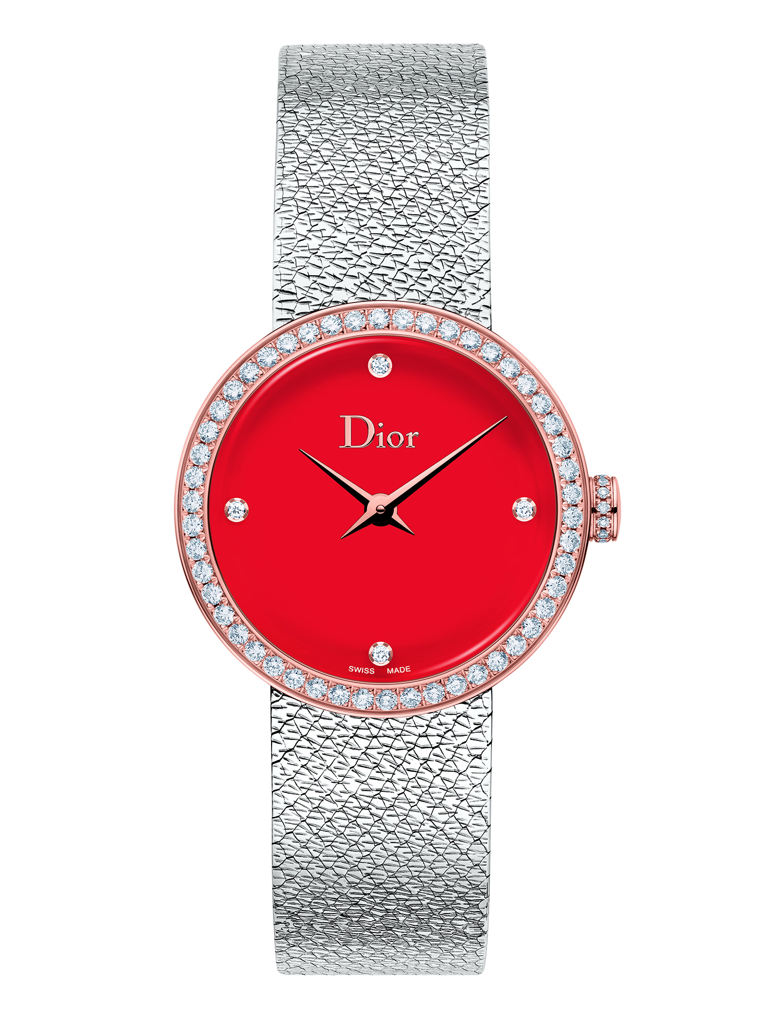 La d de dior satine watch in steel pink gold, diamonds and red lacquer, £6,200, by dior watches.