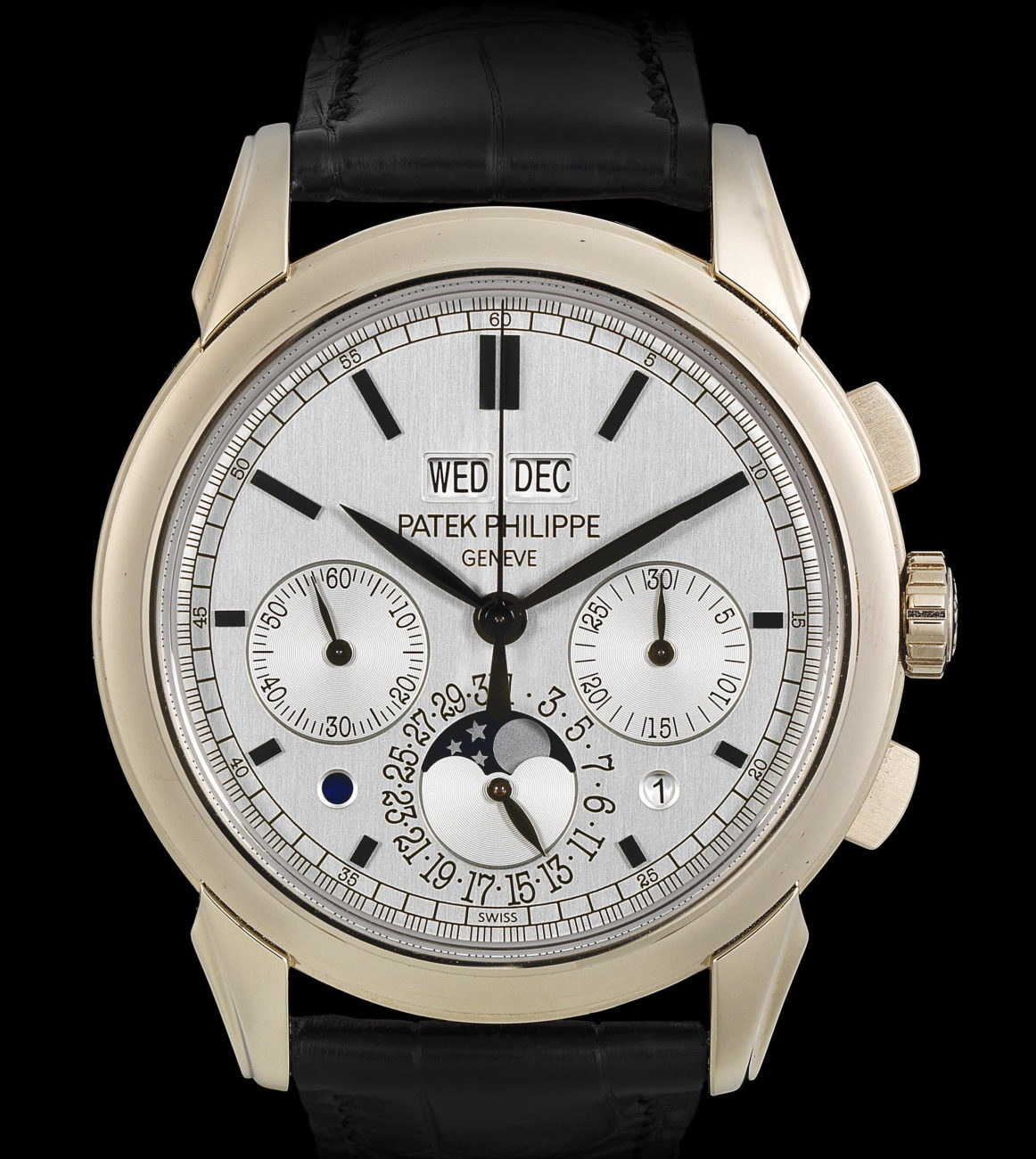 Patek philippe. A fine 18k white gold manual wind perpetual calendar chronograph wristwatch with moon phase