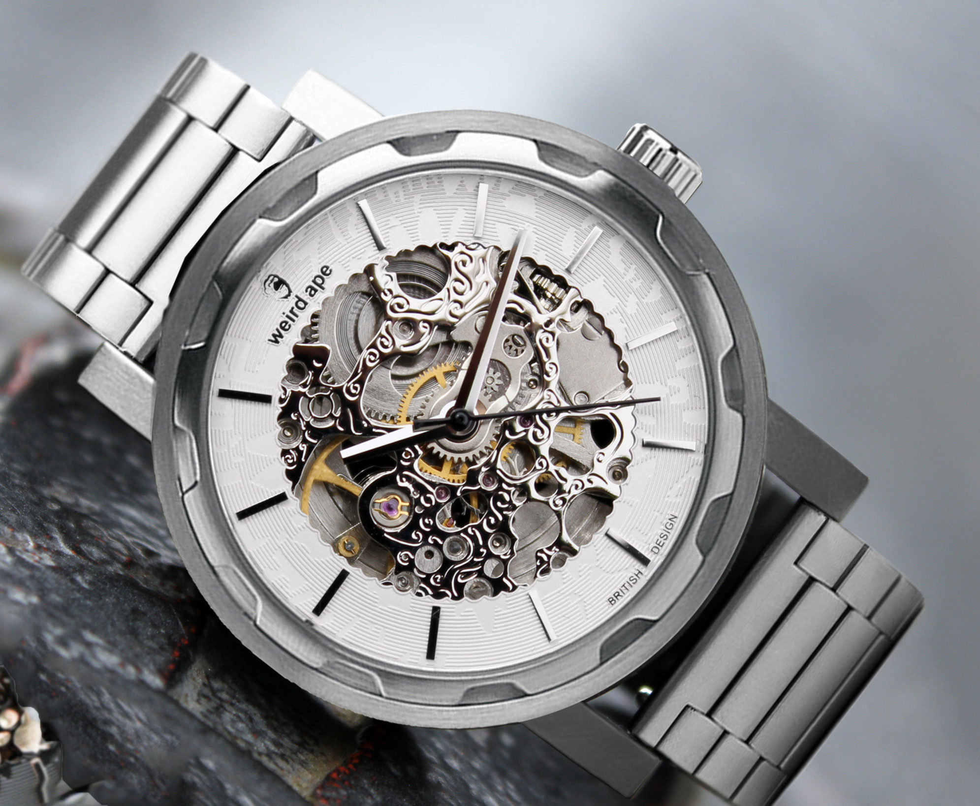 Wierd ape kolt white silver skeleton watch with metal strap e1513165259162