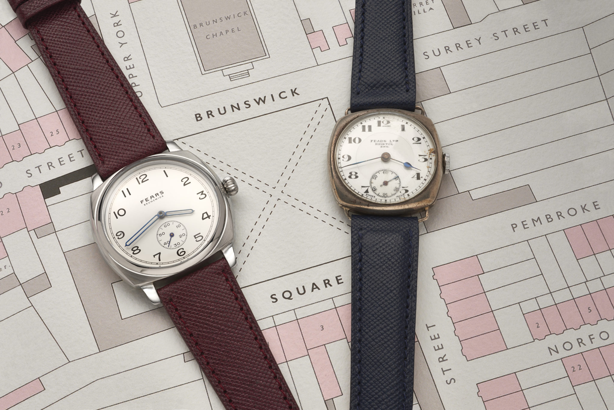 Fears brunswick enamel white dial on passport red fears strap with 1924 fears watch that inspired the brunswick