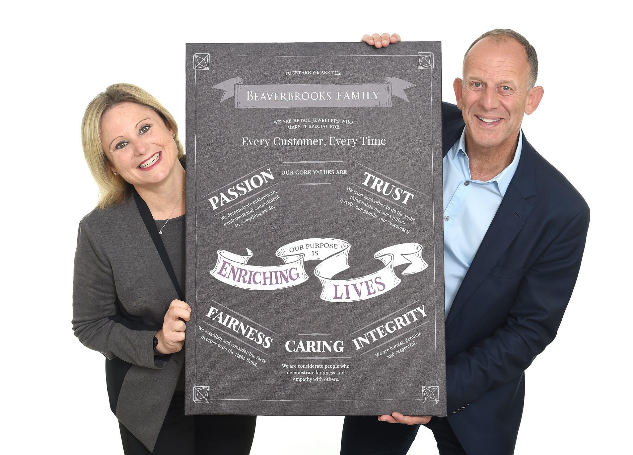 Beaverbrooks md anna blackburn and chairman mark adlestone holding the beaverbrooks way