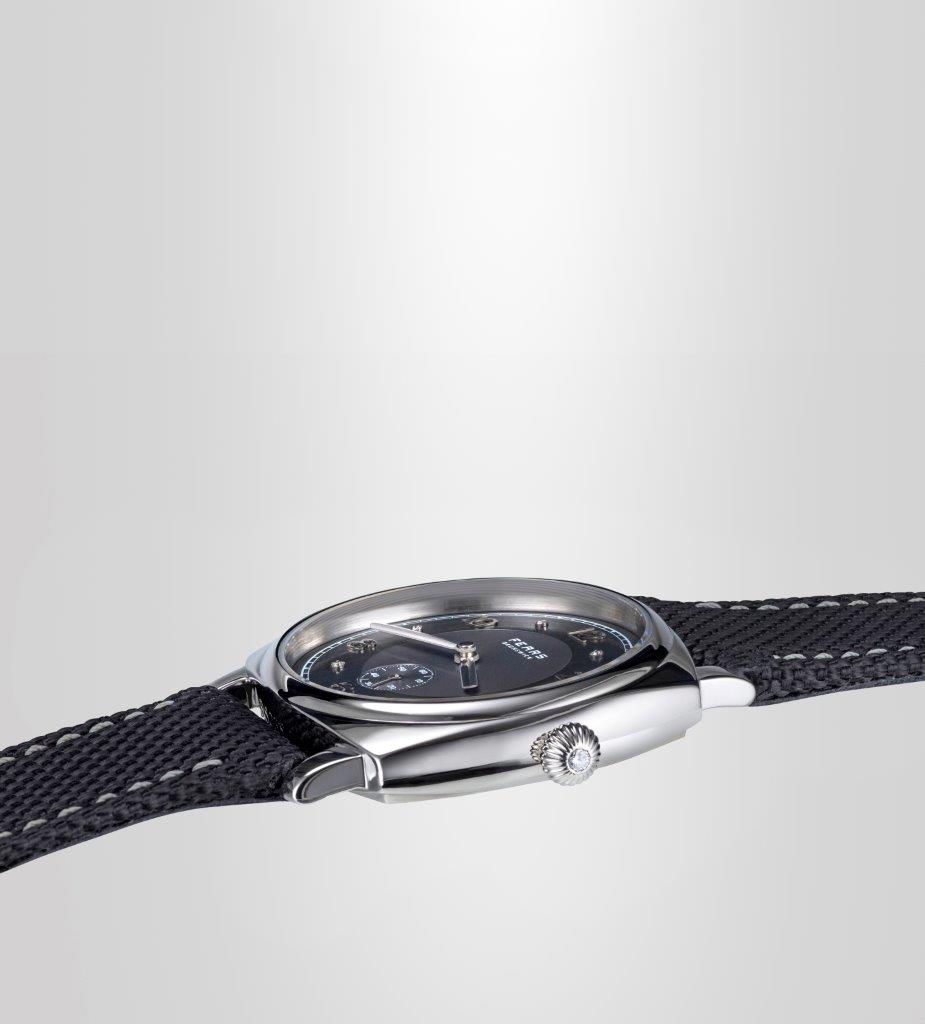 Fears brunswick pt anthracite and diamond dial on an obsidian black kevlar strap shallow side