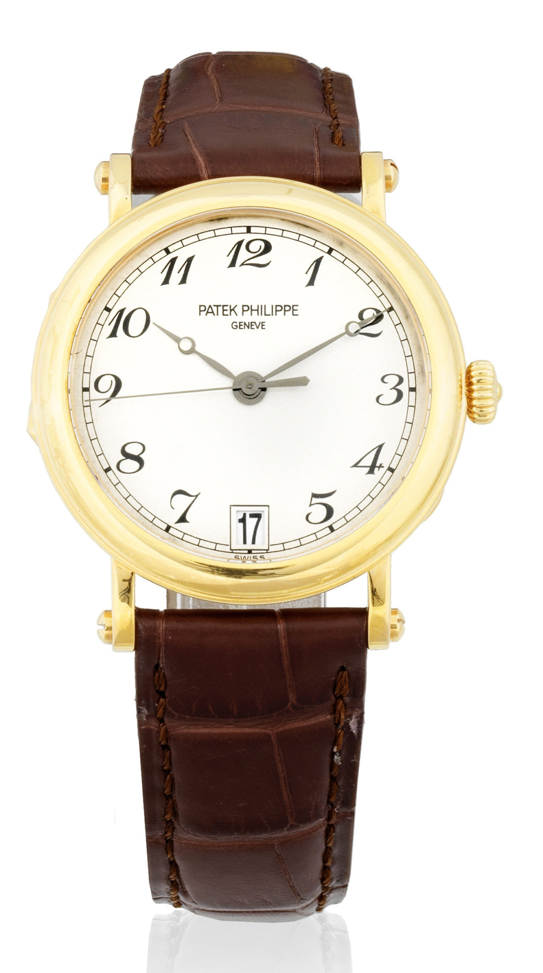 147 patek philippe. An 18k rose gold automatic officers calendar wristwatch calatrava ref 5053r 001 purchased 16th september 2005
