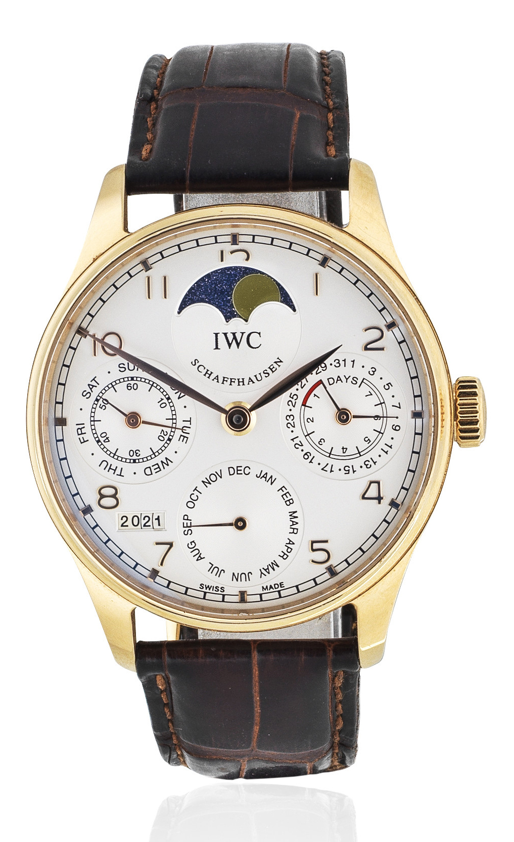 183 iwc. An 18k rose gold automatic perpetual calendar wristwatch with moon phase and 7 day power reserve portugese perpetual calendar ref 5022 recent