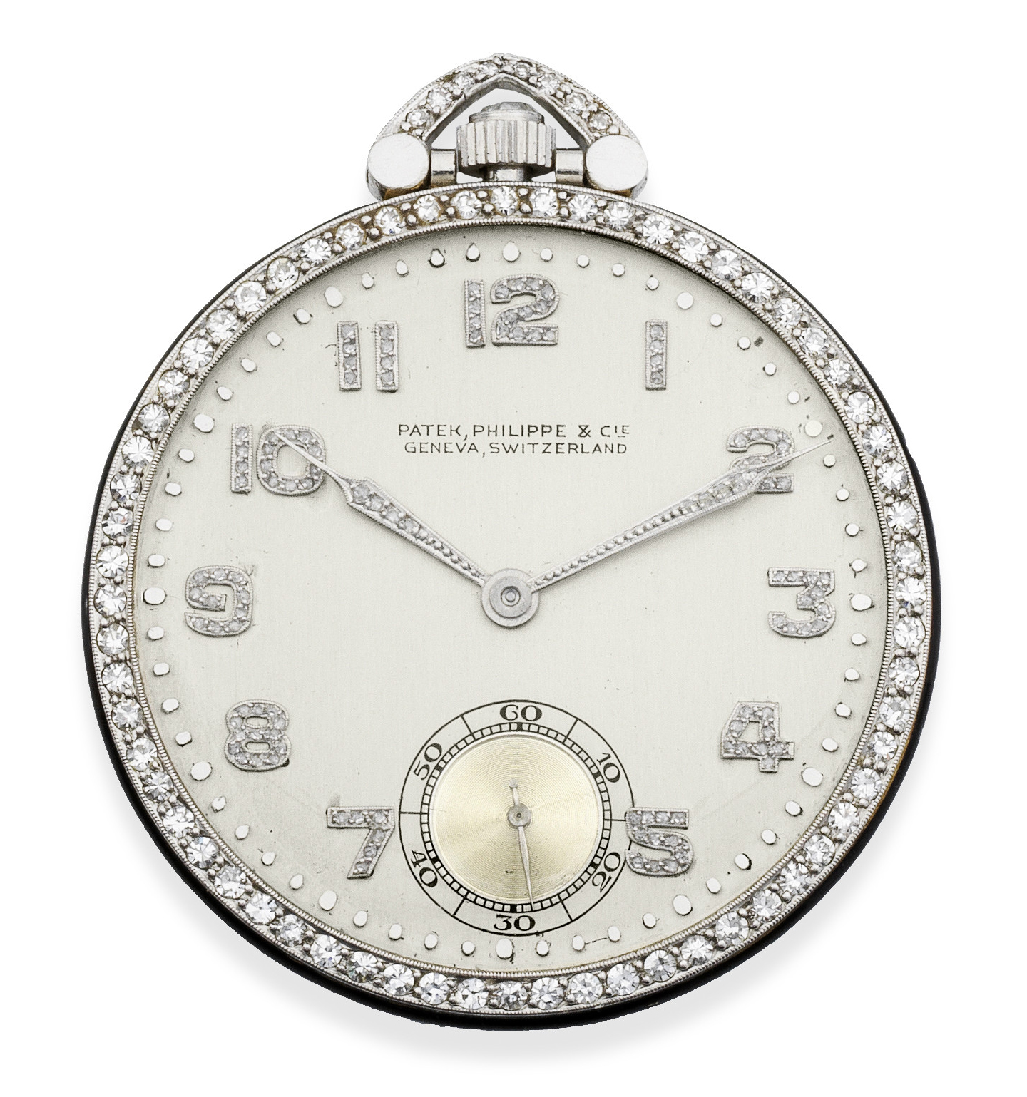 45 patek philippe. A platinum and diamond set keyless wind open face pocket watch with hollywood inscription manufactured 1928 sold 26th september 1929