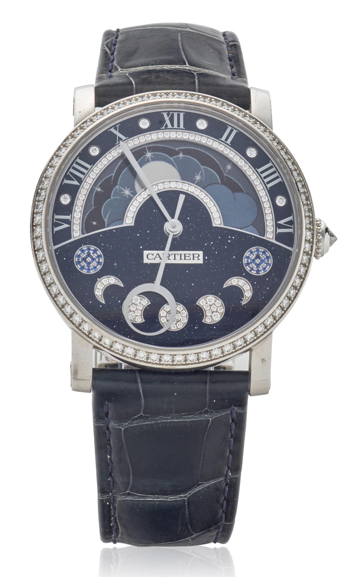 Cartier. A fine and unusual 18k white gold and diamond automatic wristwatch with retrograde moon phase