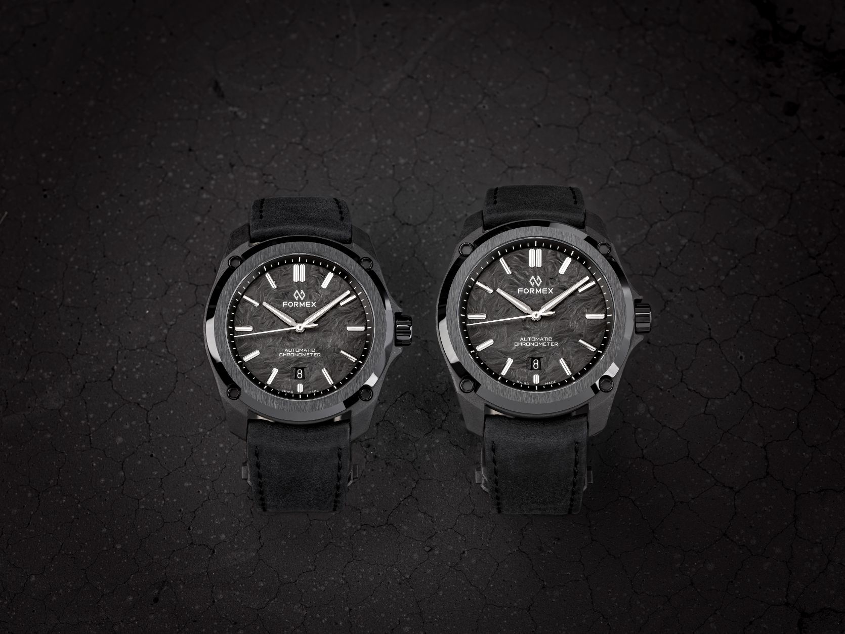 Formex essence leggera 41mm 43mm automatic chronometer forged carbon side by side