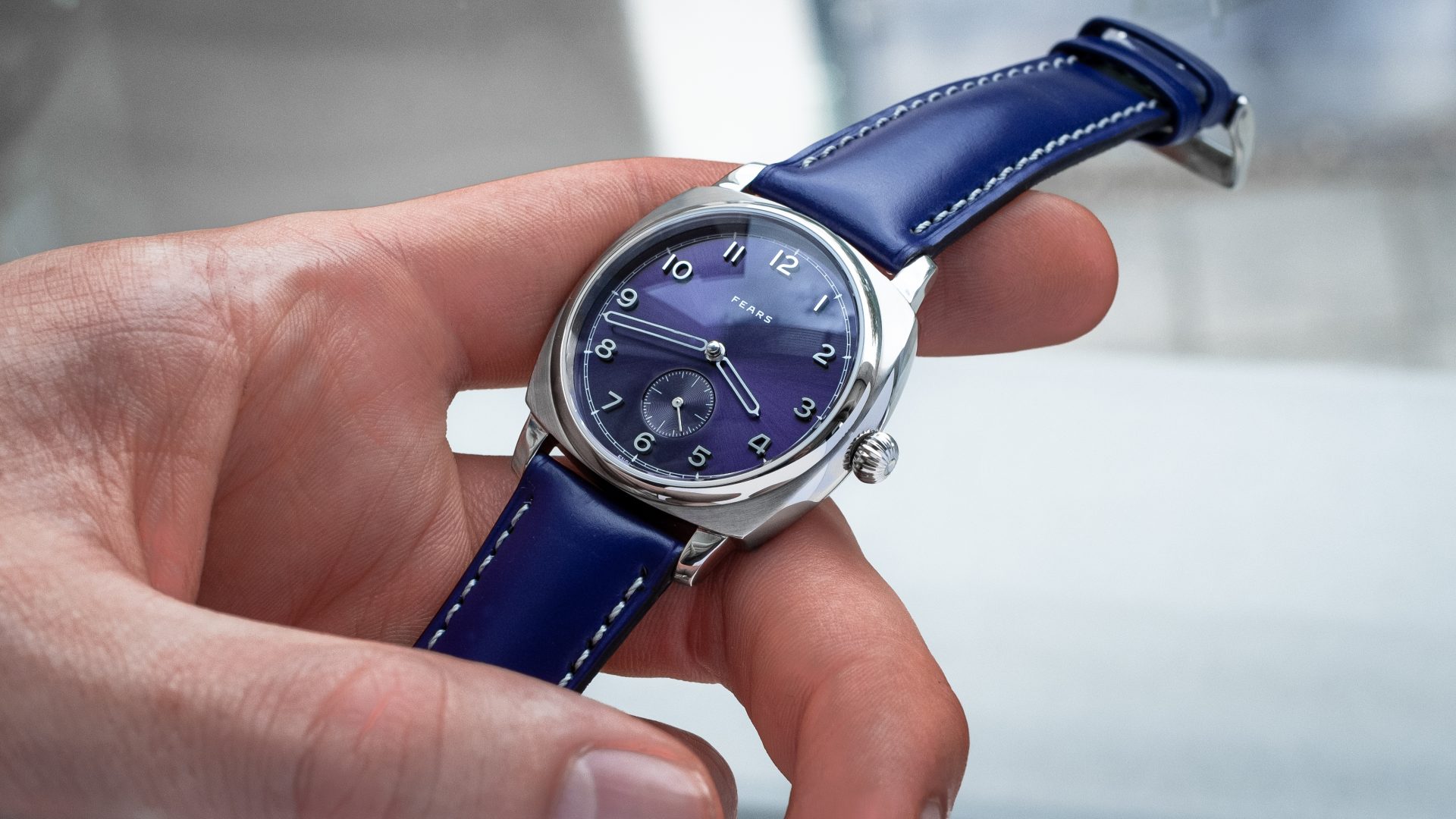 Fears brunswick jubilee edition royal purple dial on a royal purple bristol leather strap in hand
