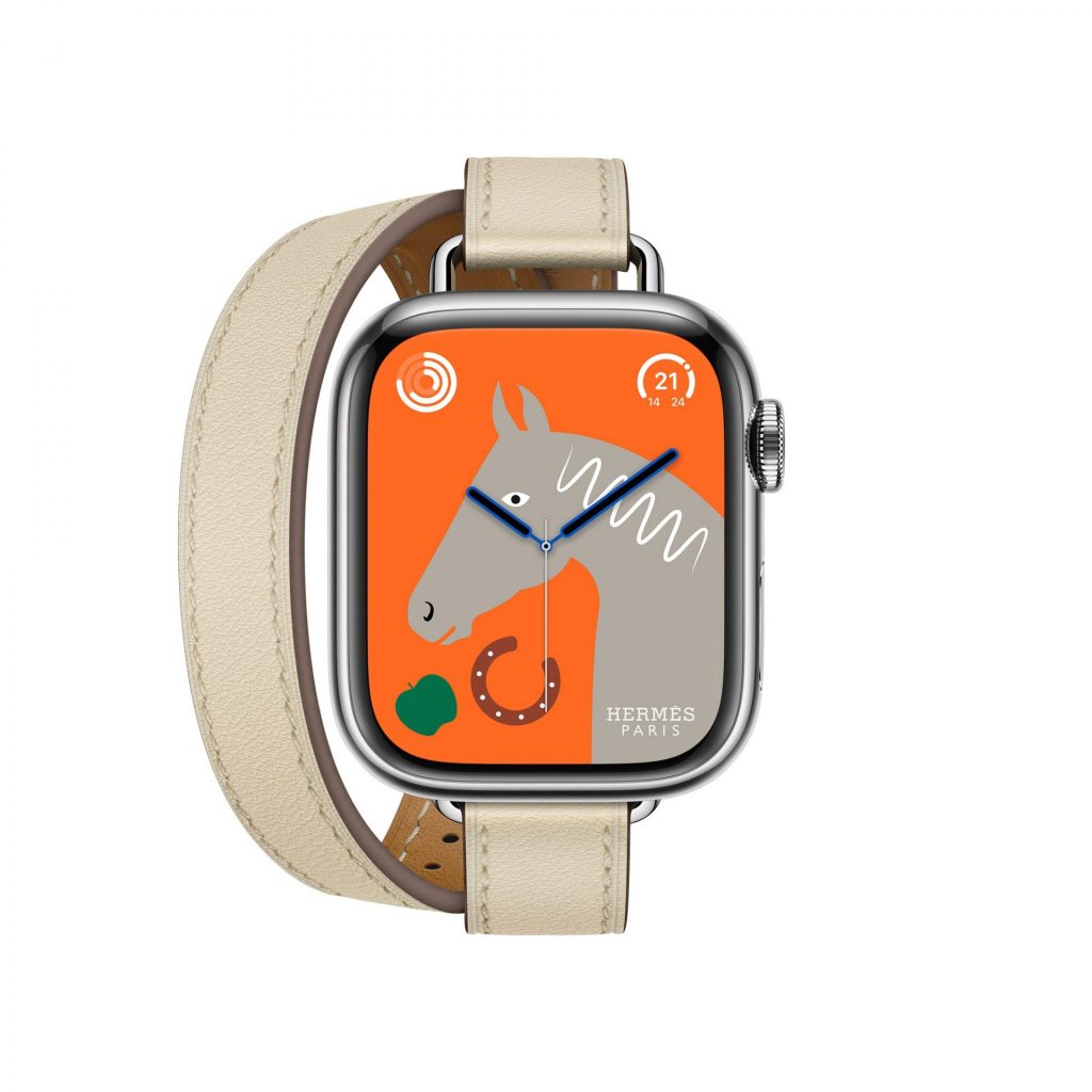 Apple watch hermes series 8 41mm case with double tour band in beton swift calfskin 1