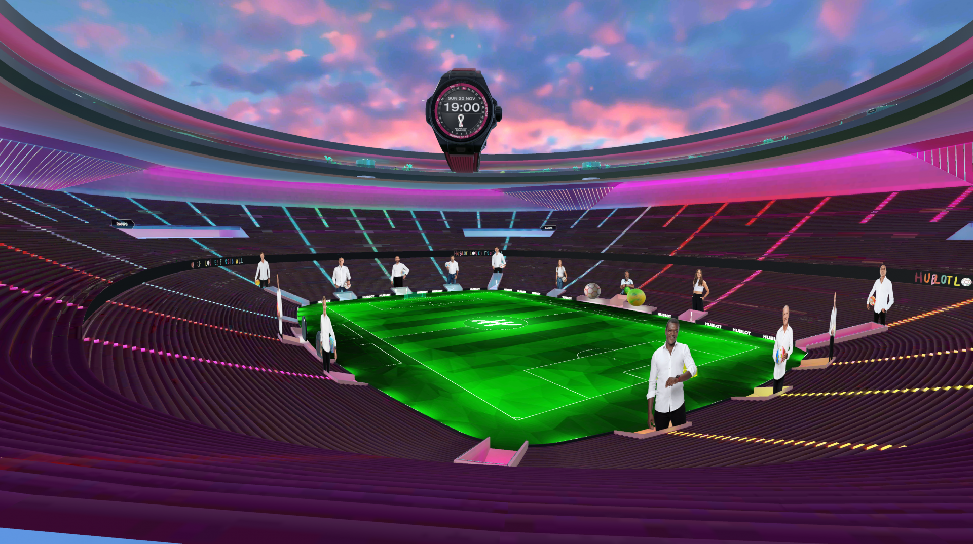 The hublot loves football metaverse stadium seen from above with the big bang e fifa world cup qatar tm 2