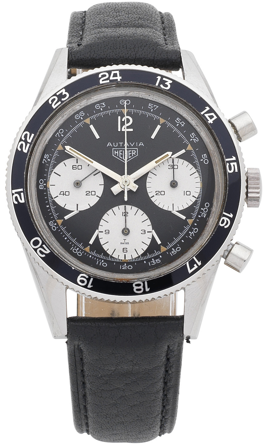 Bonhams heuer autavia stainless steel manual wind chronograph wristwatch circa 1960 offered with an estimate of 10000 15000