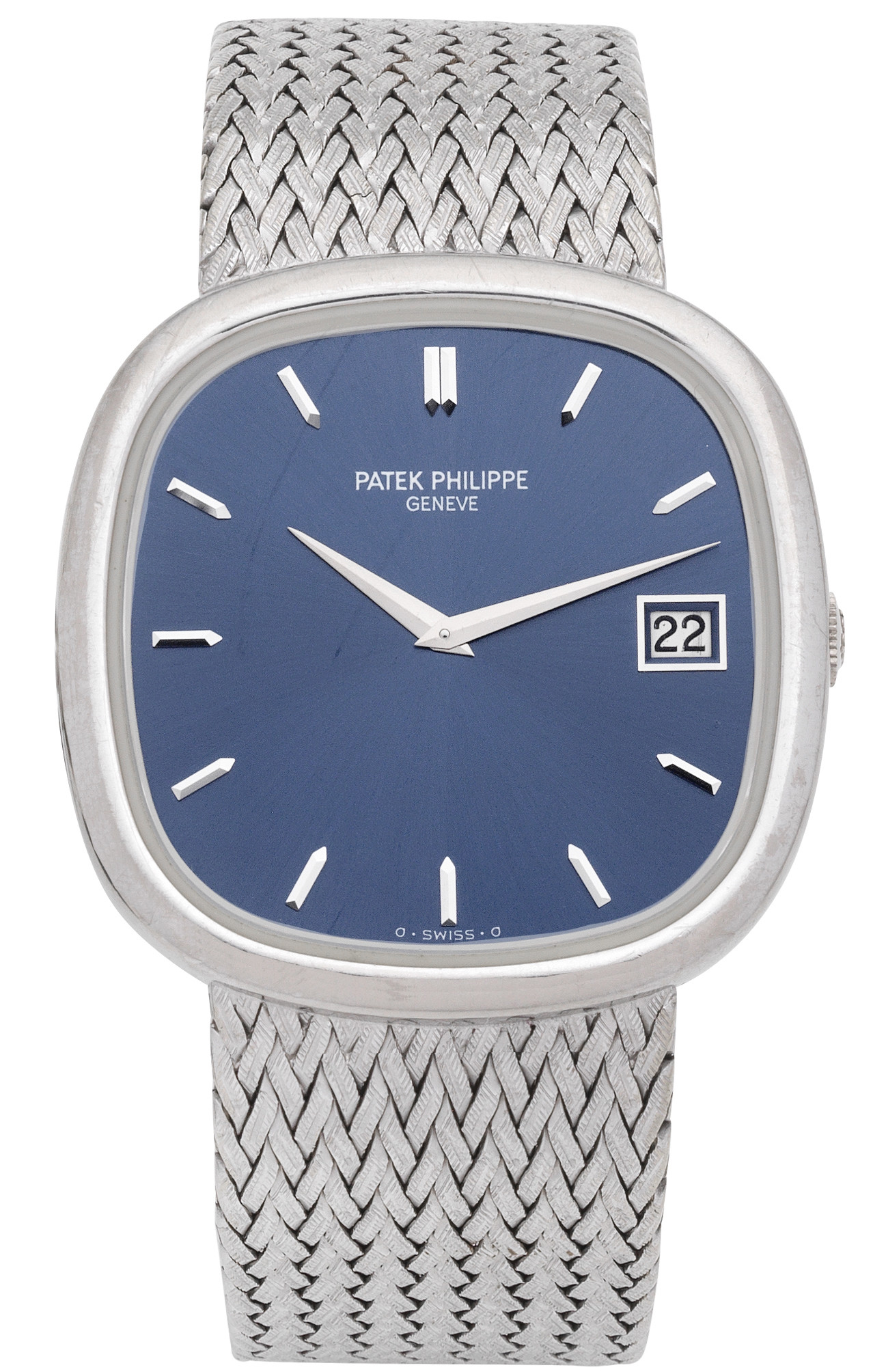 Bonhams patek philippe ellipse 18k white gold automatic calendar bracelet watch with sigma dial offered with an estimate of 8000 12000