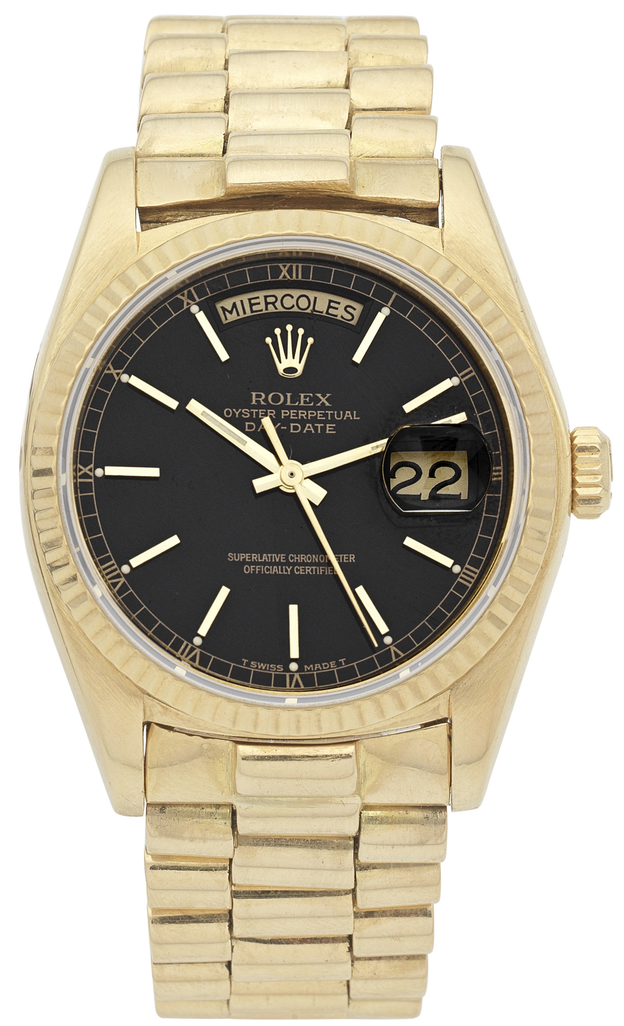 Bonhams rolex day date 18k gold automatic calendar bracelet watch offered with an estimate of 8000 12000