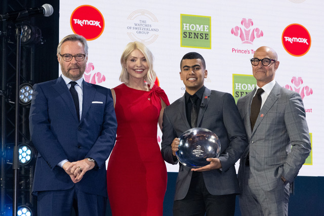 Brian duffy holly willoughby and stanley tucci with the winner of the watches of switzerland young change maker award motaz