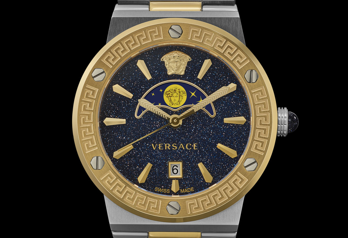 Pcpczfe3 versace greca logo moonphase ve7g00223 close up