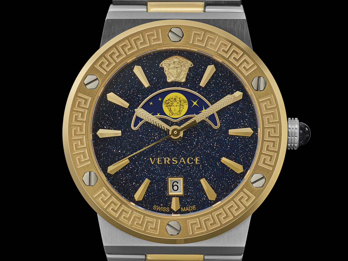 Pcpczfe3 versace greca logo moonphase ve7g00223 close up