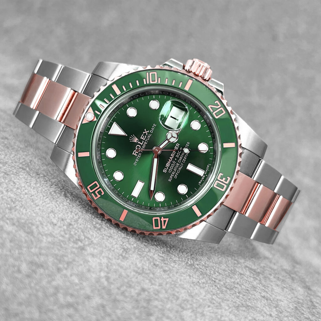 3 steel rose gold submariner with green hulk bezel dial