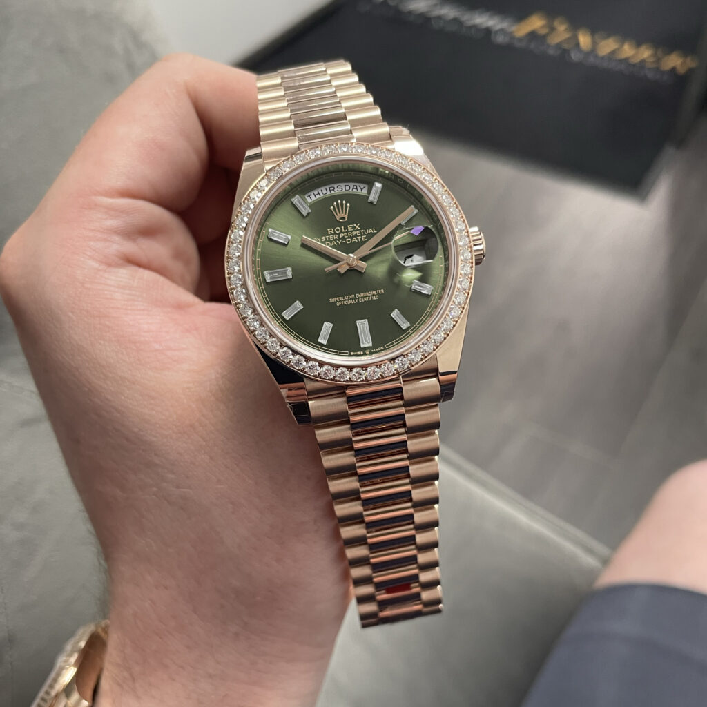 4 rolex day date with baguette diamond olive dial