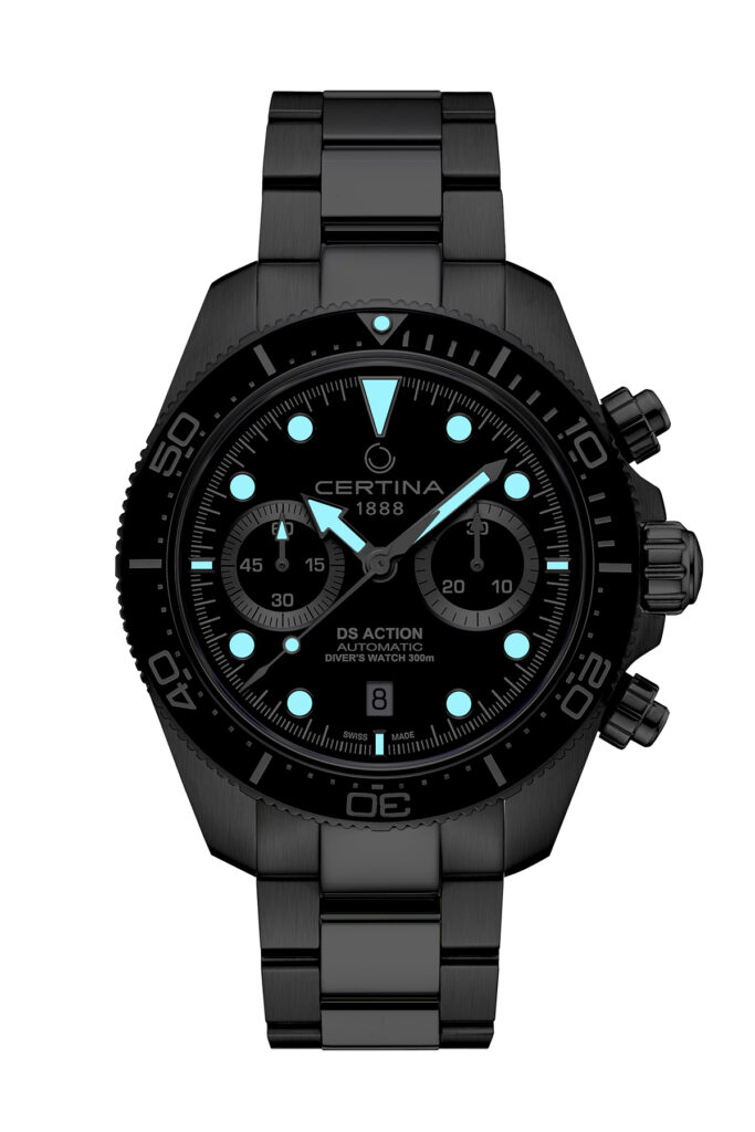Certina DS Action Diver Chrono night shot showing luminous markers