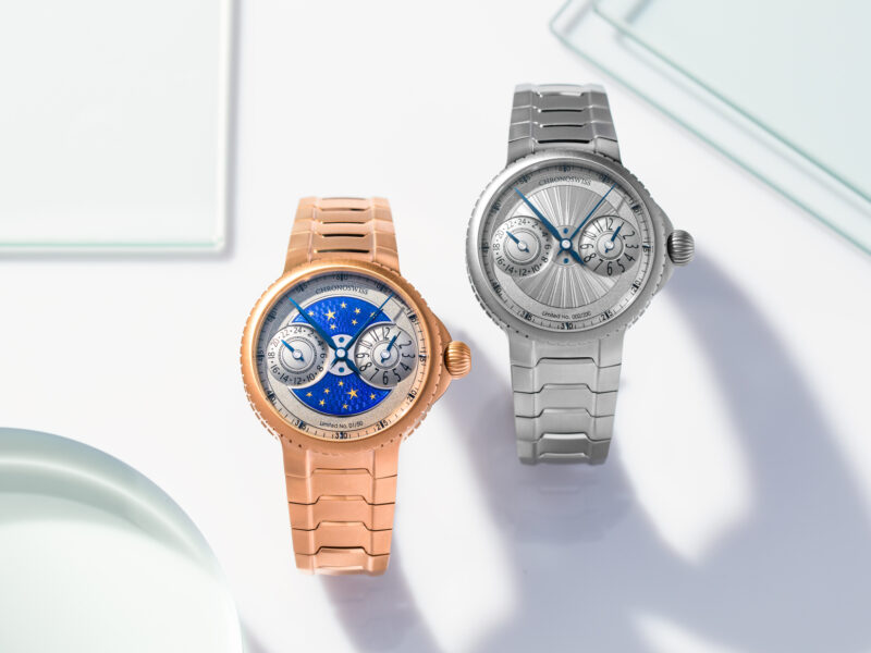 Chronoswiss has got its finger on the Pulse with this very modern GMT 7 chronoswiss PULSE GMT Silver Guilloche and PULSE GMT Enamel Sky Gold watch